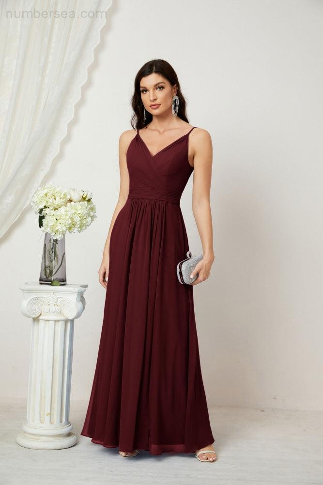 Chiffon V-Neck Bridesmaid Dress Spaghetti Strap Long Formal Party Prom Gowns with Slit 28010