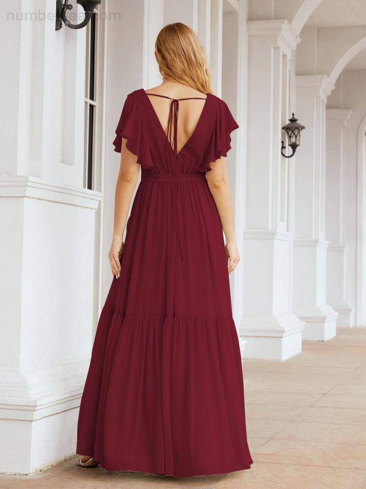 Abiti da sera formali da donna Numbersea con schiena scoperta, scollo a V, lunghi in chiffon, abiti da damigella con cintura in vita 28038