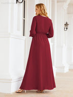 Vestito da damigella d'onore in chiffon da donna Numbersea, linea a trapezio, maniche lunghe, abito lungo formale da sera per ospite di matrimonio 28032