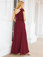 Chiffon Ruffled One Shoulder Sleeveless Long Bride Dresses A-line Formal Evening Gown Side Split 28057