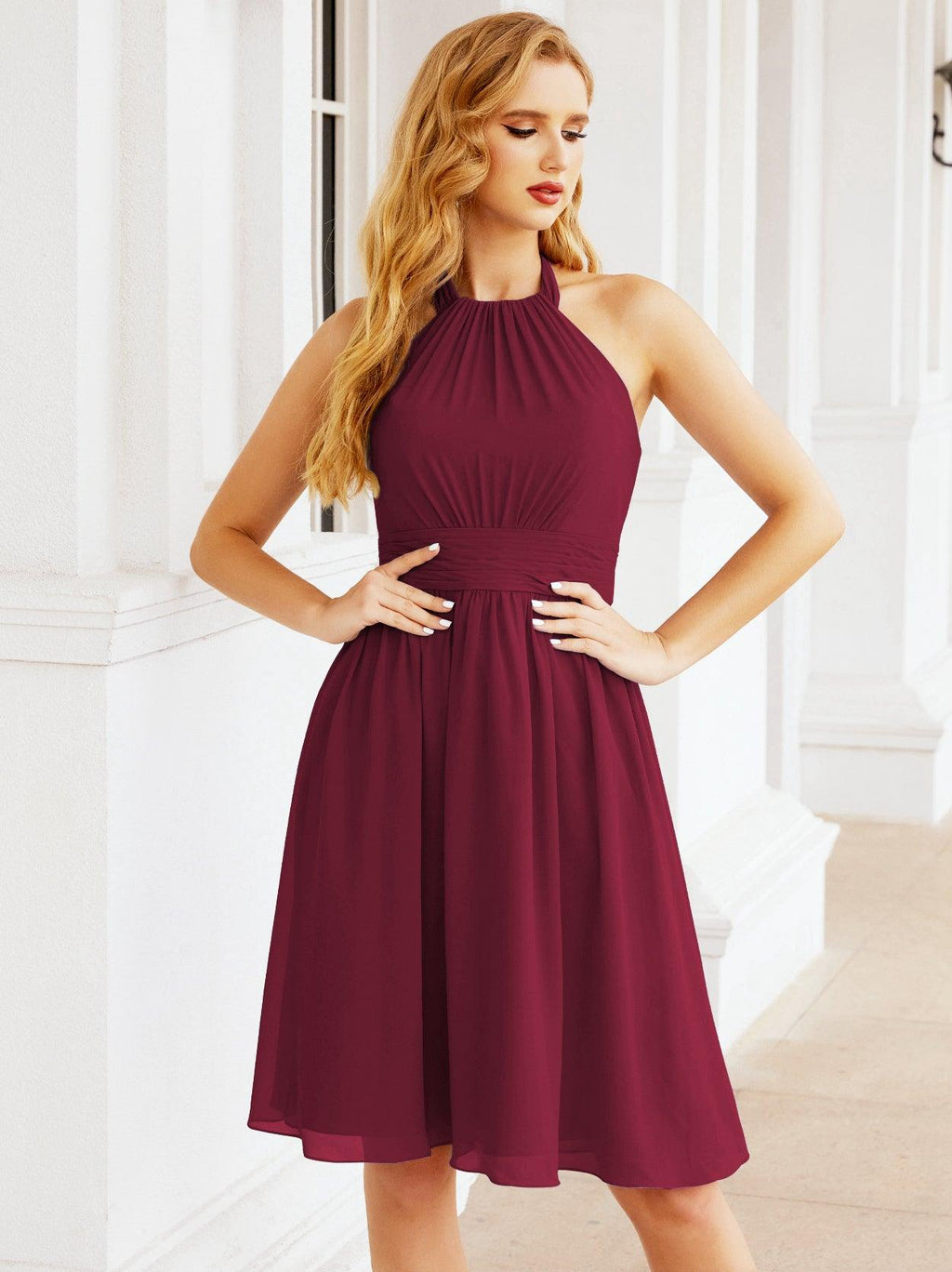 Halter Chiffon Bridesmaid Dresses Short Sleeveless Formal Party Dress Open Back 28023