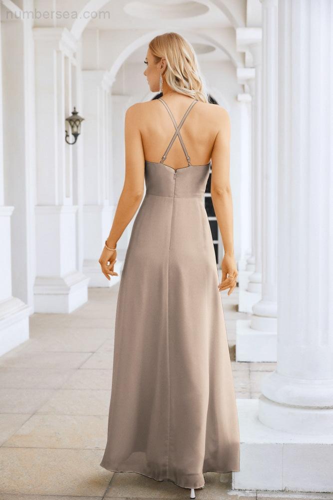 Vestido de Festa Comprido até ao Chão para Damas de Honra, em Chiffon, com Alças Finas, Decote em V e Fenda Frontal, para Baile, Festa e Casamento 28116
