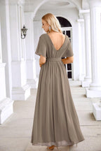 Robe de soirée longue jusqu'au sol pour demoiselle d'honneur, manches en mousseline, encolure ronde, fente avant, pour mariage et fête 28124