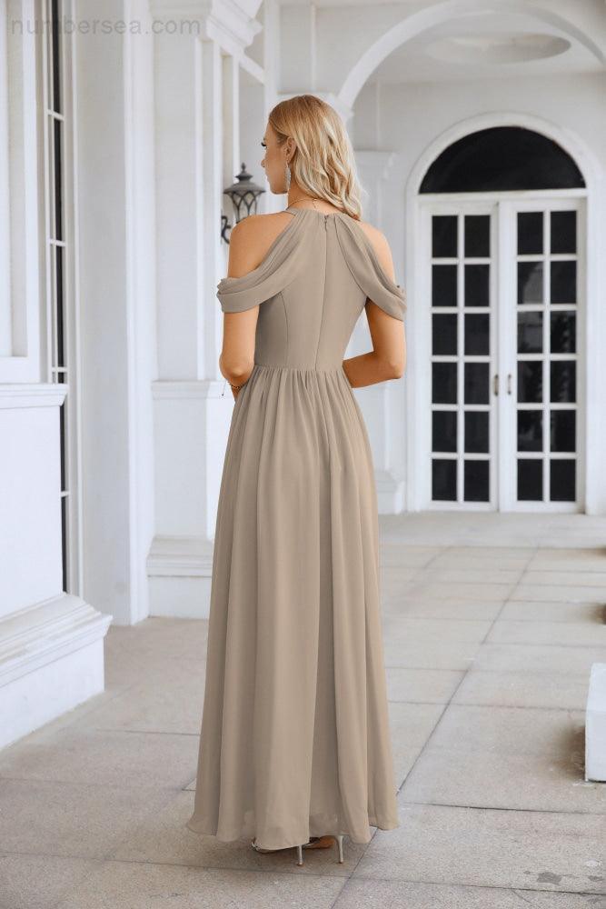 Abito da sera da damigella in chiffon con spalle scoperte, maniche a campana e spacco frontale, abito da festa nuziale 28117