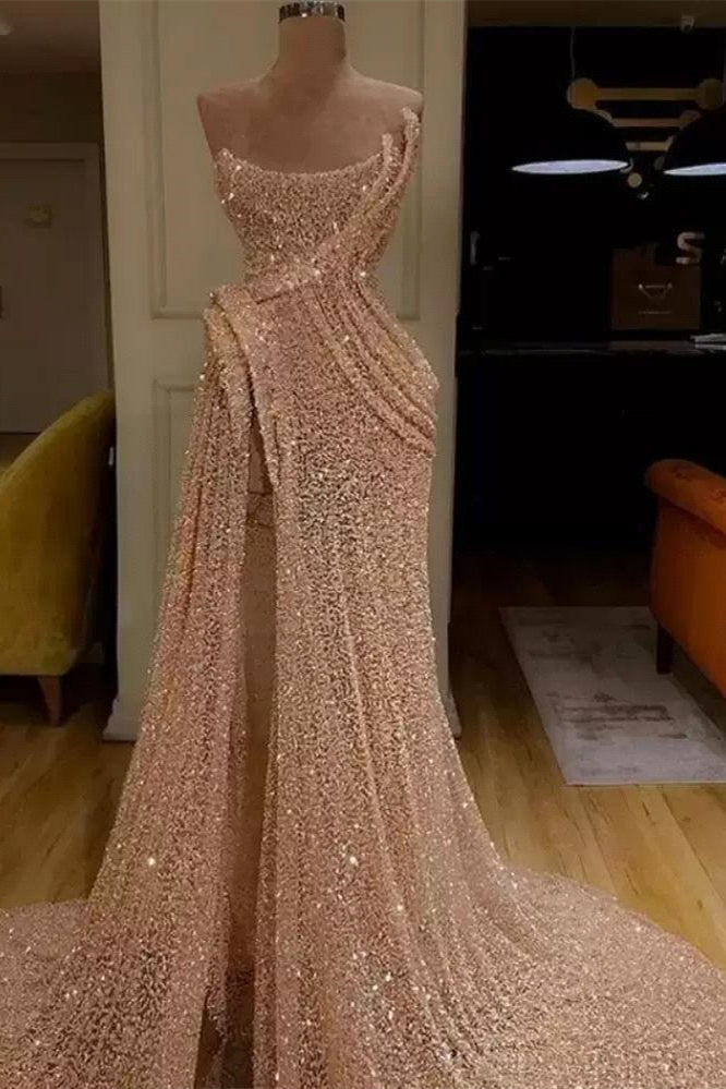 Magnifique robe longue de bal sirène fendue sans bretelles ornée de paillettes