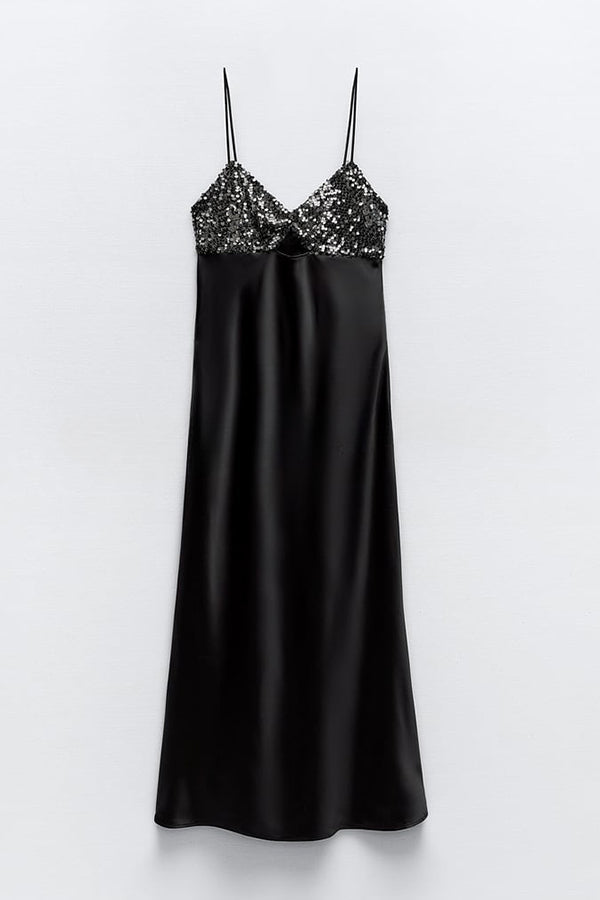 Abito Midi in Satin Trapuntato con Paillettes e Scollo a Fascia Elasticizzato