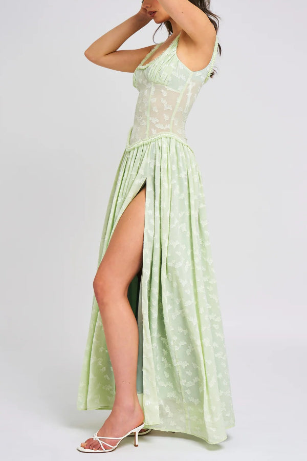 Vestido Maxi Ulissa Verde Claro com Decote Quadrado, Textura Jacquard e Fenda Alta