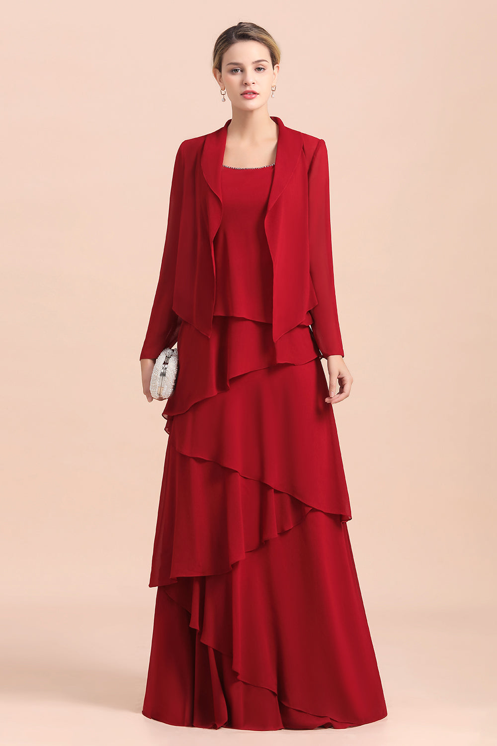 BMbridal Elegant Burgundy Chiffon Mother of the Bride Dress Ruffles With Jacket