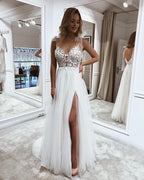 Elegant V Neck Tulle Long A Line Wedding Dress With Slit