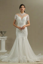 Shimmy High Neck Mermaid Wedding Dress With Beading And Tassels