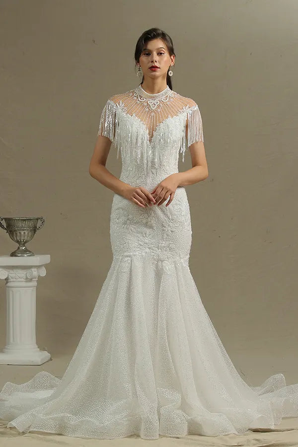 Shimmy High Neck Mermaid Wedding Dress With Beading And Tassels