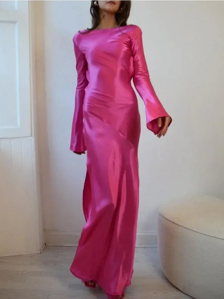 Vestito in Satin con Fessura Laterale TARUXY Donna Elegante per Feste Largo Senza Schienale Abito Lungo per Signora Discoteca Solido Temperamento Abito da Sera Femminile