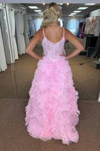 Vestido longo de baile com folhos florais, decote em V profundo e racha
