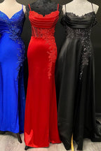 Spaghetti Strap Appliques Mermaid Long Dress with Slit