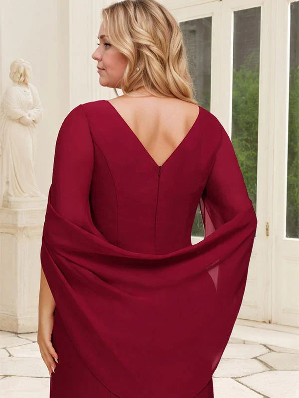 Vestido de Mãe da Noiva em Chiffon com Decote Barco, Corte Trompete/Sereia e Comprimento até ao Chão, com Pregas