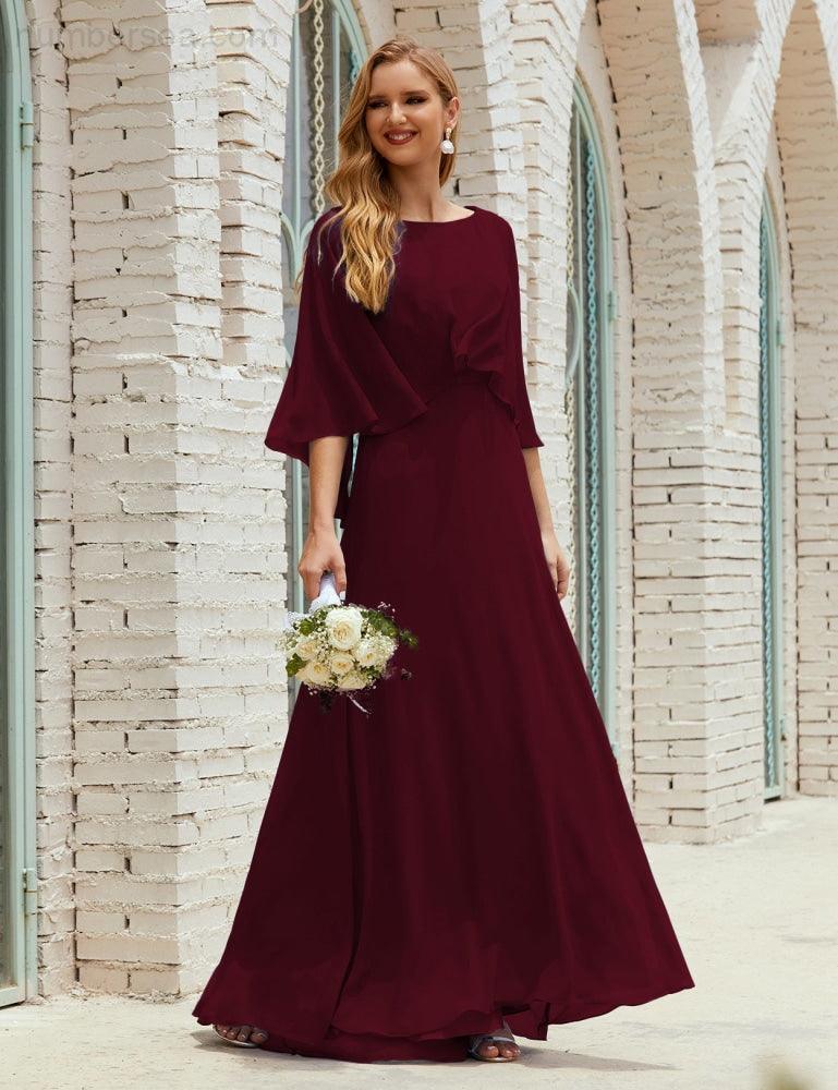 Bridesmaid Dress Women Long Sleeve V-Neck Chiffon Formal Wedding Party Dress 28018