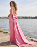 Blush Pink Crystal Mermaid Gown With Corset Bodice And Satin Bow Train