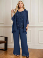 Macacão/Conjunto de Calças com Decote Redondo, Comprimento até ao Chão, em Renda e Chiffon, Vestido de Mãe da Noiva com Lantejoulas