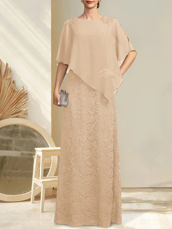 Vestido de madrina de novia de encaje de gasa con lentejuelas y abalorios, corte columna y largo hasta el suelo