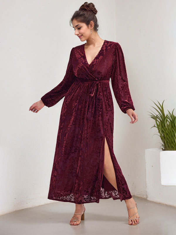 A-Line V-Neck Long Sleeves Velvet Tea-Length Mother of the Bride Dress With Split
