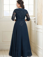 A-line Collared V-Neck Floor-Length Lace Chiffon Mother of the Bride Dress With Sequins Cascading Ruffles