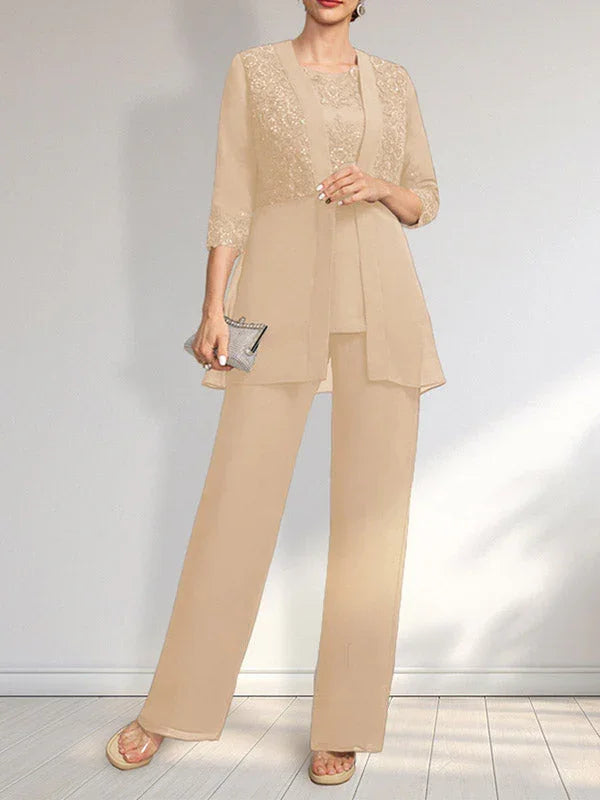 Tuta/Pantaloni Separati con Scollo a U, Lunghezza a Terra, in Chiffon e Pizzo, Abito per Madre della Sposa con Paillettes