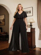 Tuta elegante da sera in chiffon, scollo a V, lunghezza fino al pavimento