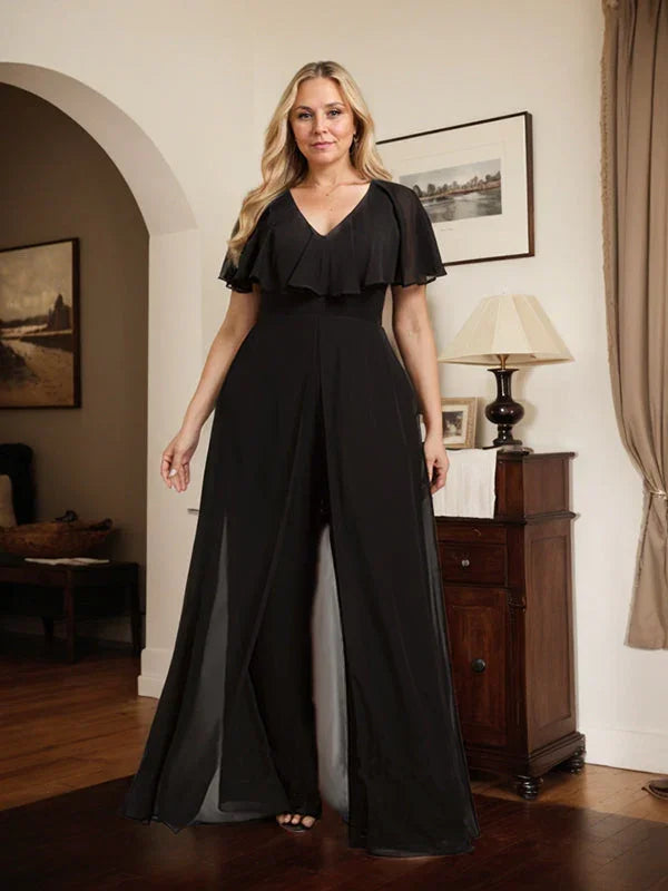 Tuta elegante da sera in chiffon, scollo a V, lunghezza fino al pavimento