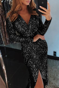 Moda elegante sólido patchwork lantejoulas com decote em V vestidos de noite