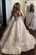 Pearl Floor Length A Line Wedding Dress With Deep V Neck Lace Appliques Sleeves
