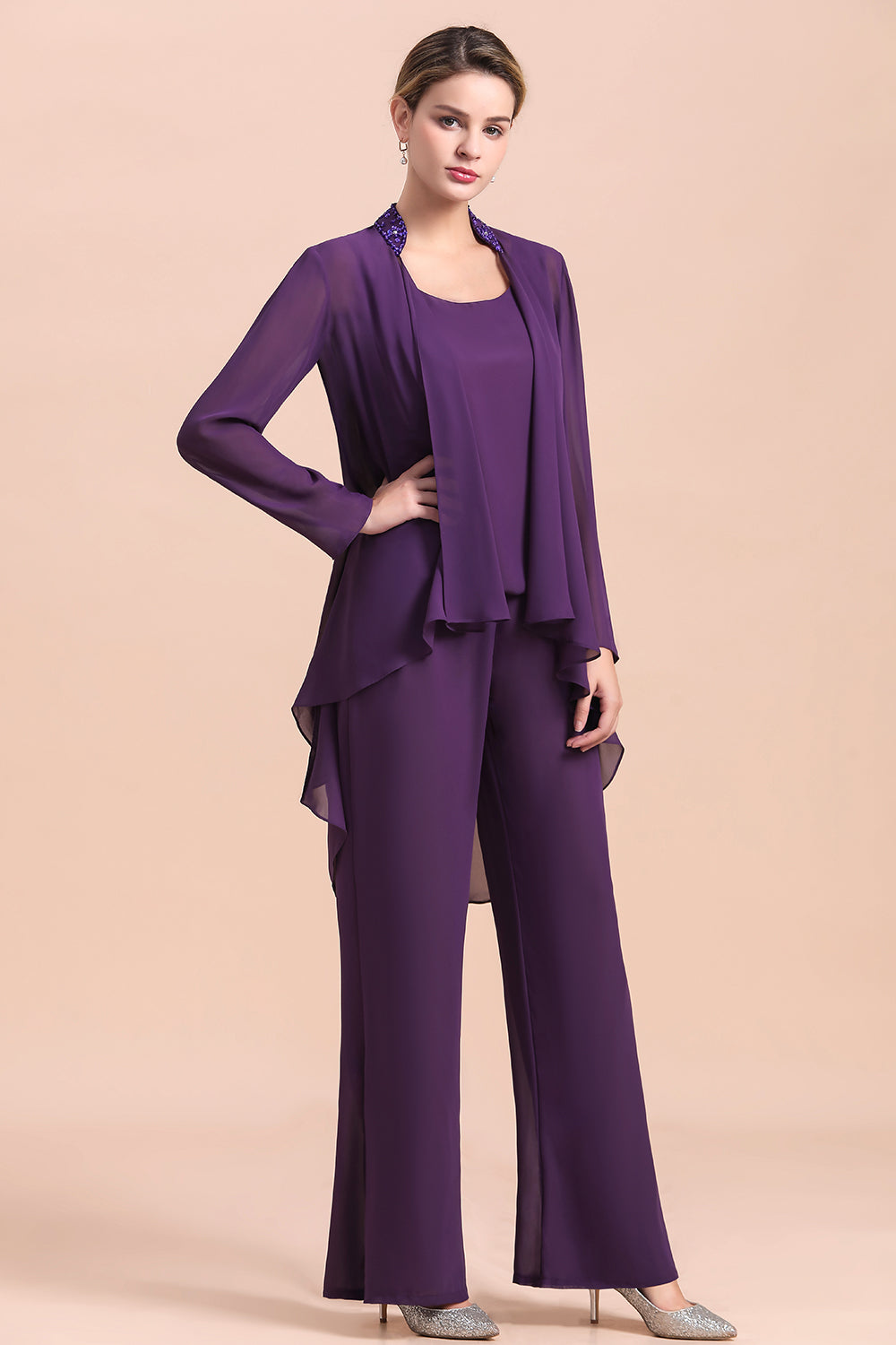 BMbridal Affordable Straps Beading Grape Chiffon Mother of Bride Jumpsuit Online with Wrap