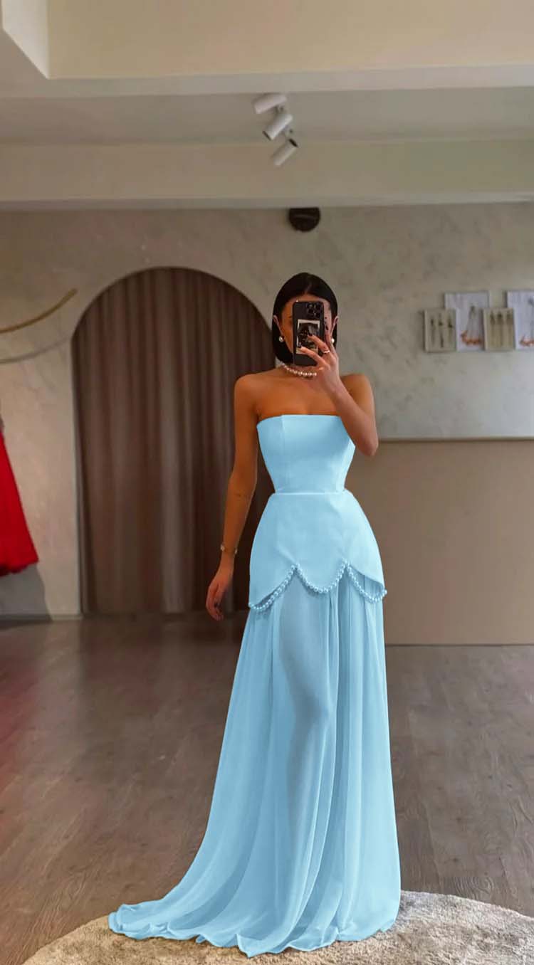 White Strapless Pleated Beaded Long Prom Dress With Custom Colors And Sizes