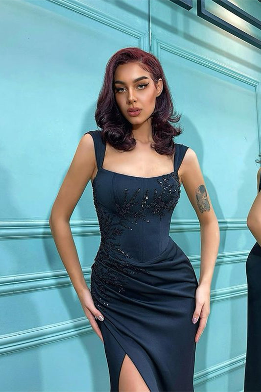 Robe de bal sirène noire élégante à épaules dénudées et fente avant avec paillettes