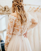 Pretty Tulle Long Sleeves Off The Shoulder Wedding Dress With Lace A Line