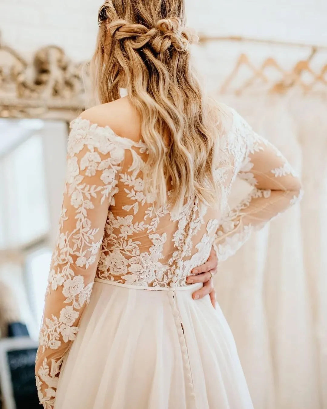 Pretty Tulle Long Sleeves Off The Shoulder Wedding Dress With Lace A Line
