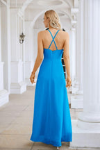 Vestido de Festa Comprido até ao Chão para Damas de Honra, em Chiffon, com Alças Finas, Decote em V e Fenda Frontal, para Baile, Festa e Casamento 28116