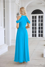 Abito da sera da damigella in chiffon con spalle scoperte, maniche a campana e spacco frontale, abito da festa nuziale 28117