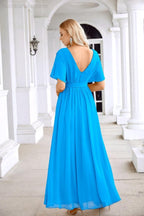 Robe de soirée longue jusqu'au sol pour demoiselle d'honneur, manches en mousseline, encolure ronde, fente avant, pour mariage et fête 28124