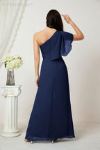 Chiffon Ruffled One Shoulder Long Bridesmaid Dresses A-line Formal Evening Gown Side Split 2809