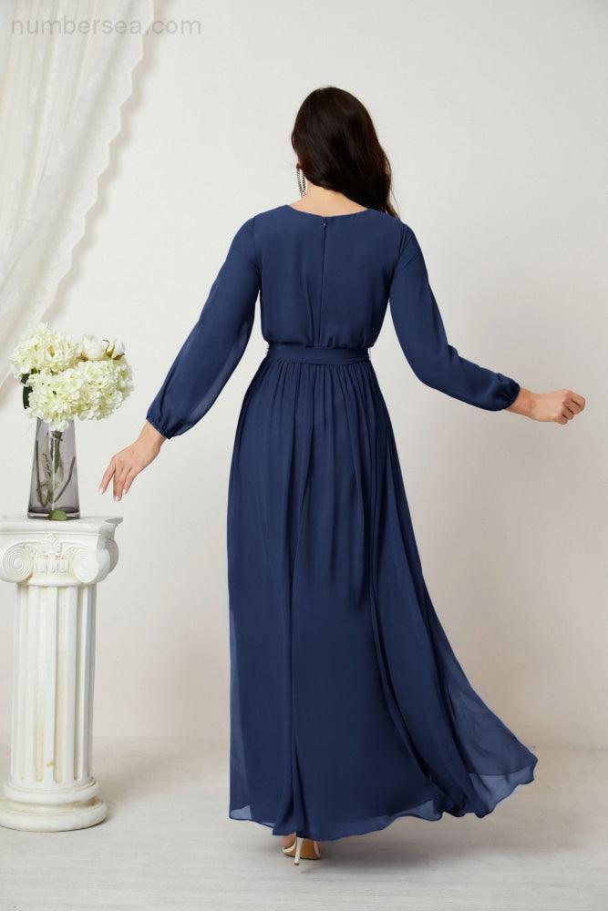 Evening Dresses Deep V-Neck Chiffon Bridesmaid Dresses Long Bishop Sleeve Side Split Formal Dress 2806