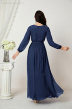 Evening Dresses Deep V-Neck Chiffon Bridesmaid Dresses Long Bishop Sleeve Side Split Formal Dress 2806