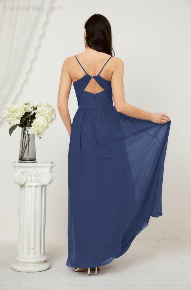 Neck Bridesmaid Dresses Chiffon Long Spaghetti A-line Formal Prom Gown for Wedding Party Evening 2801