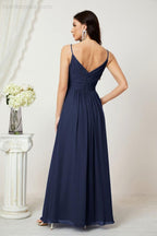 Chiffon V-Neck Bridesmaid Dress Spaghetti Strap Long Formal Party Prom Gowns with Slit 28010