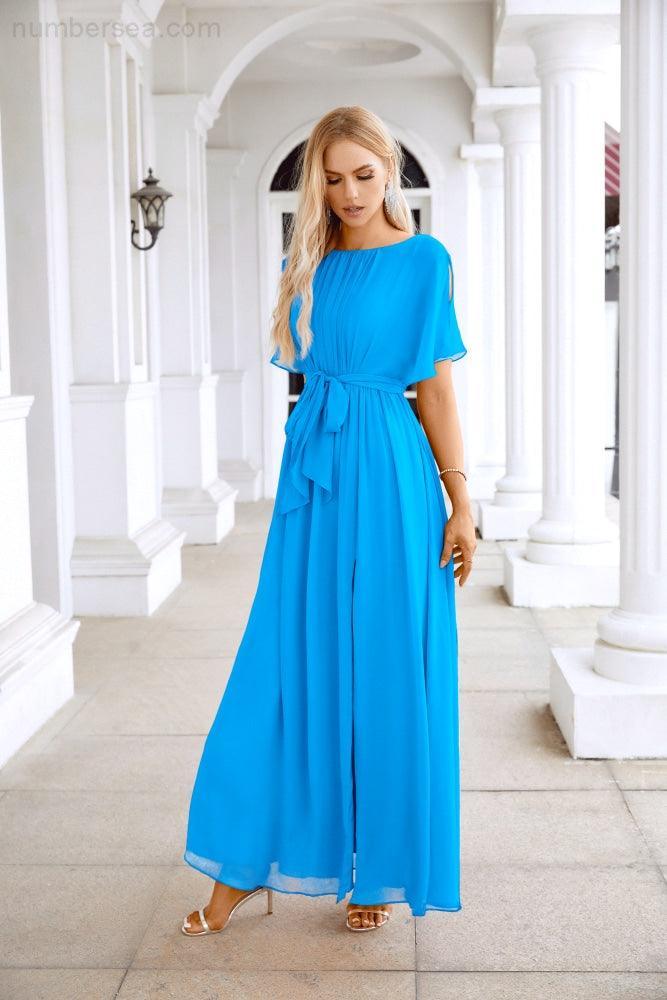 Robe de soirée longue jusqu'au sol pour demoiselle d'honneur, manches en mousseline, encolure ronde, fente avant, pour mariage et fête 28124