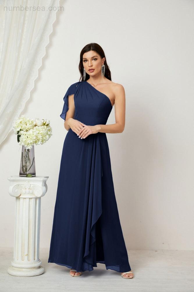 Chiffon Ruffled One Shoulder Long Bridesmaid Dresses A-line Formal Evening Gown Side Split 2809