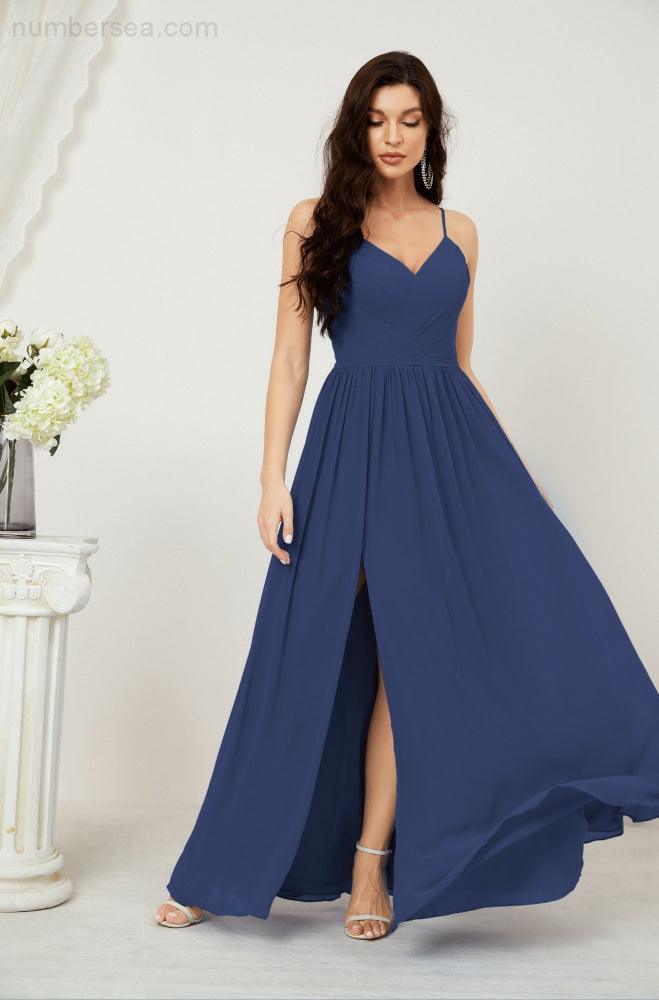 Neck Bridesmaid Dresses Chiffon Long Spaghetti A-line Formal Prom Gown for Wedding Party Evening 2801