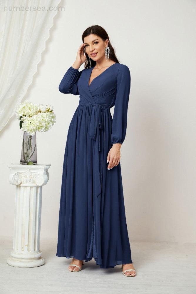 Evening Dresses Deep V-Neck Chiffon Bridesmaid Dresses Long Bishop Sleeve Side Split Formal Dress 2806