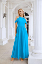 Abito da sera da damigella in chiffon con spalle scoperte, maniche a campana e spacco frontale, abito da festa nuziale 28117