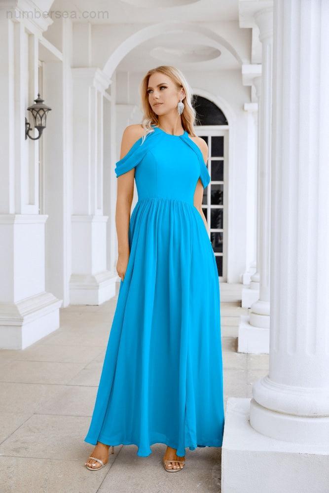 Abito da sera da damigella in chiffon con spalle scoperte, maniche a campana e spacco frontale, abito da festa nuziale 28117