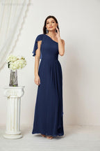 Chiffon Ruffled One Shoulder Long Bridesmaid Dresses A-line Formal Evening Gown Side Split 2809